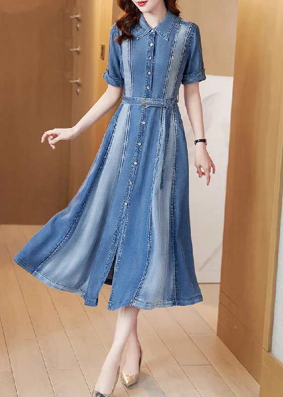 Beautiful Blue Peter Pan Collar Patchwork Sashes Silk Denim Long Dress Short Sleeve AC2024 Stretch Maxi Skirt