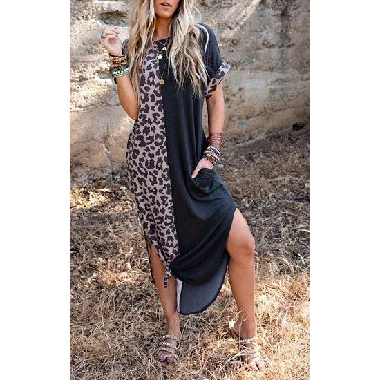 Black and Leopard Maxi Dress with Rolled Sleeves Wrap Maxi Skirt