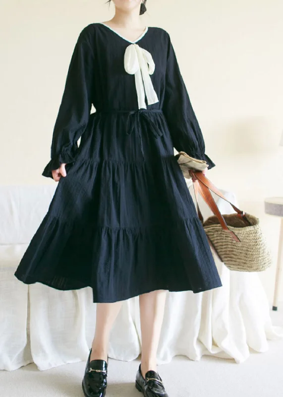 Black Wrinkled Solid Cotton Long Dress Long Sleeve TI1010 Maxi Skirt Collection