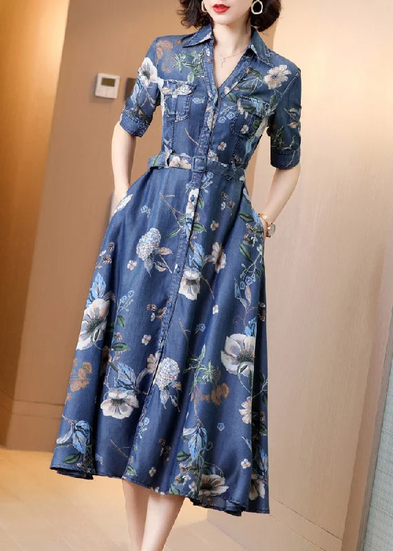 Chic Blue Peter Pan Collar Print Button Sashes Denim Long Dress Short Sleeve AC2046 Ruffle Long Maxi