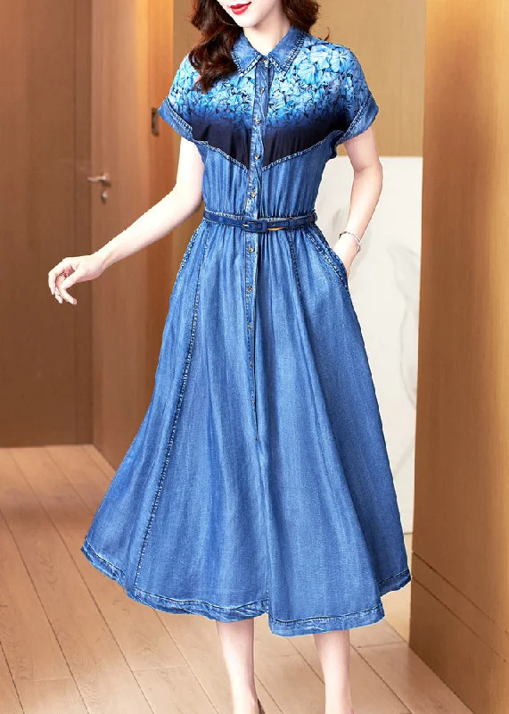 Chic Blue Peter Pan Collar Print Patchwork Button Sashes Cotton Vacation Denim Long Dresses Summer AC2034 Soft Flow Maxi