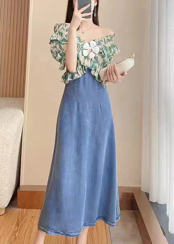 DIY Green Slash Neck Print Patchwork Denim Long Dress Short Sleeve TY1086 Maxi Skirt Look