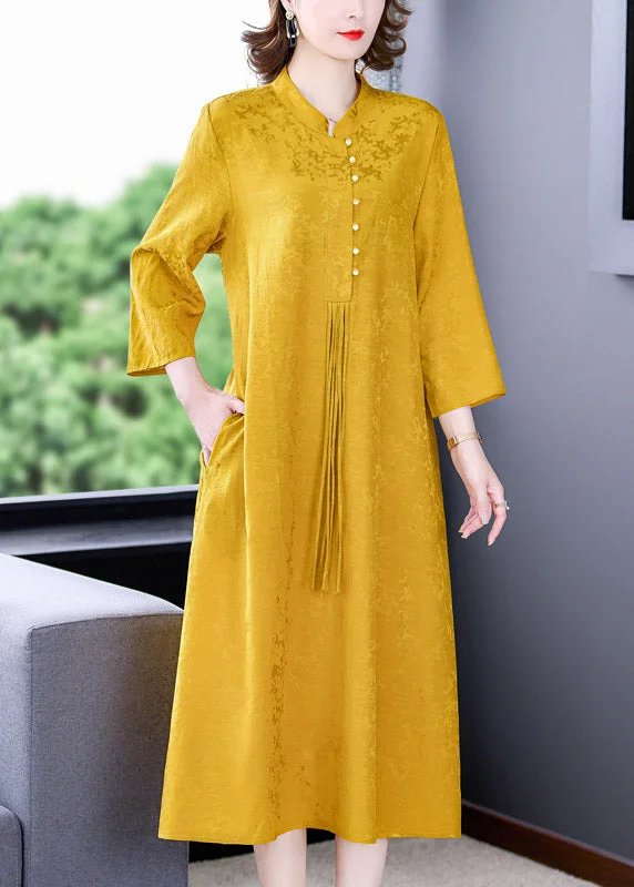 Elegant Yellow Stand Collar Tassel Button Silk Long Dresses Long Sleeve AC2048 Elegant Maxi Skirt