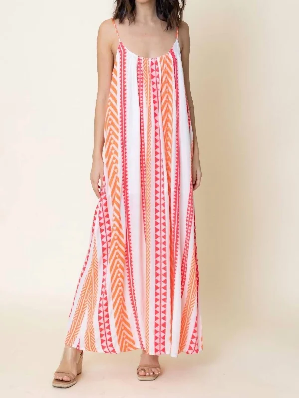 Embroidered Striped Cami Maxi Dress In White/ Pink/ Orange Pleated Maxi Skirt