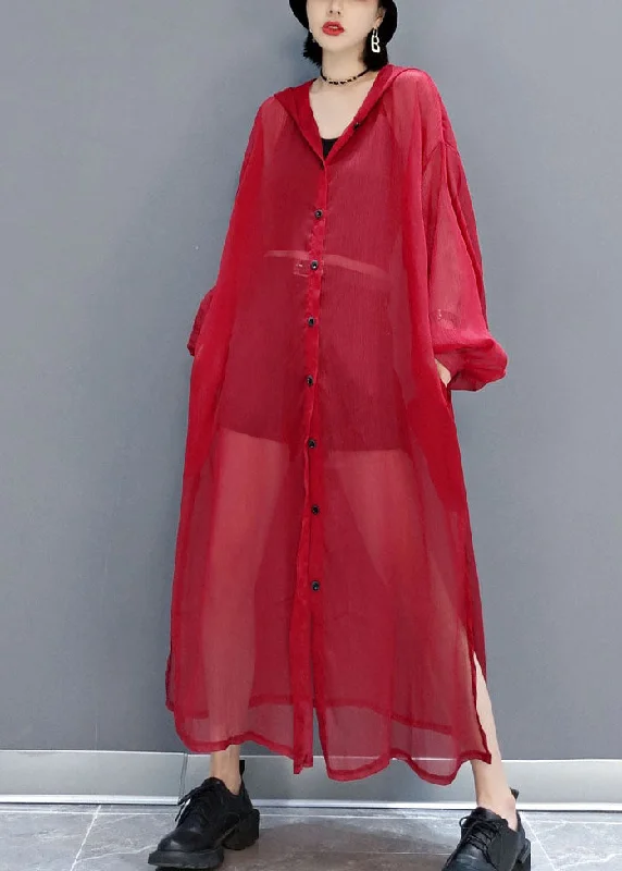 French Red Hooded Hollow Out Chiffon Long Cardigans Summer LY1658 Casual Maxi Outfit