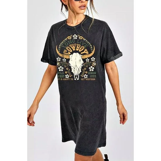 Long Live Cowboy Graphic Mineral Tee Shirt Dress Cozy Maxi Dress