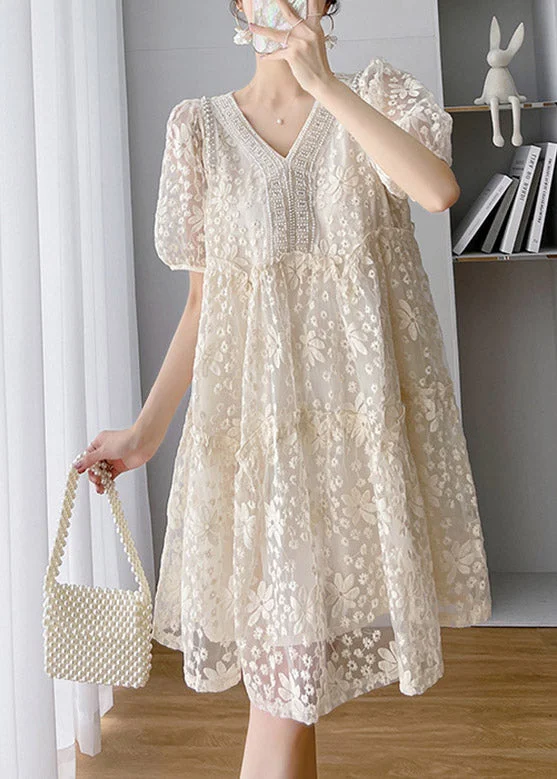 Loose Beige V Neck Lace Patchwork Long Dress Short SleeveTI1048 Chic Maxi Skirt