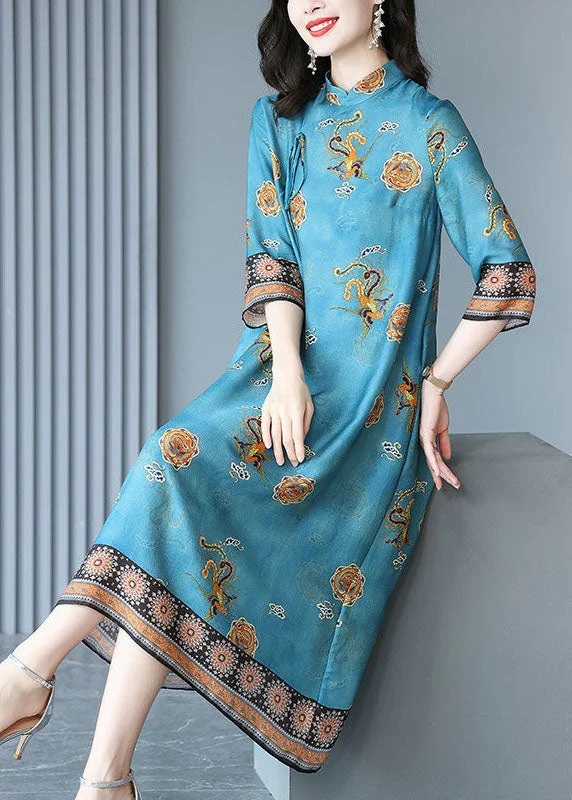 Natural Blue Mandarin Collar Print Silk Long Dress Bracelet Sleeve FR2015 Satin Maxi Skirt