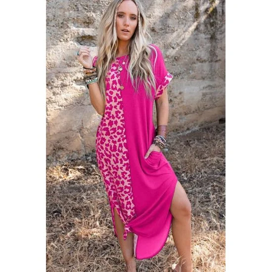 Pink and Leopard Maxi Dress with Rolled Sleeves Fitted Maxi Skirt