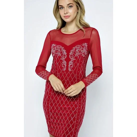 Red Long Sleeve Dress Embellished with Rhinestones Tulle Layered Maxi