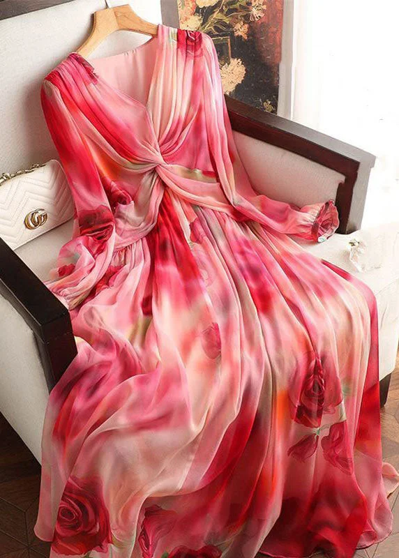 Red Print Patchwork Silk Dress V Neck Wrinkled Long Sleeve TI1059 Flowing Maxi Skirt