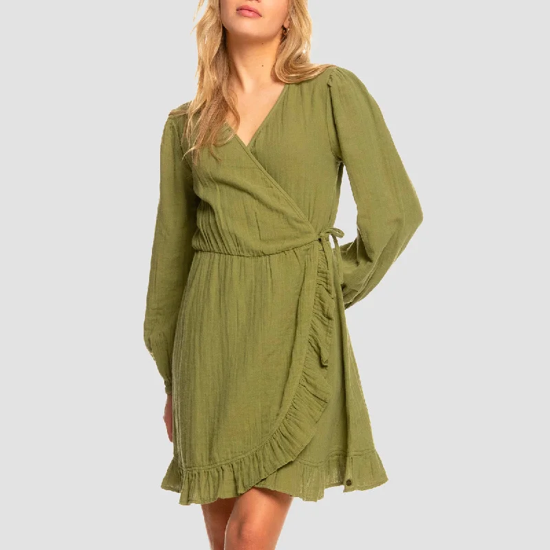 Roxy Bright And Shine Long Sleeve Dress Loden Green - Womens Front Pocket Maxi