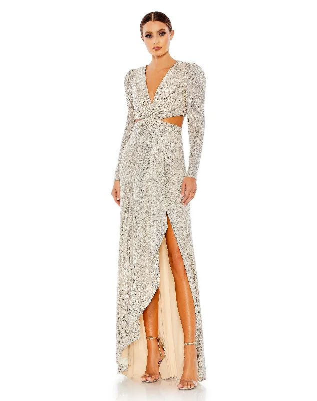 Sequined Criss Cross Long Sleeve Gown Comfortable Maxi Look