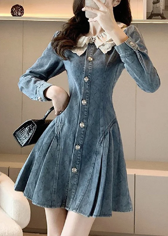 Slim Fit Blue O-Neck Lace Patchwork Button Denim Mid Dress Long Sleeve TY1088 Formal Maxi Outfit