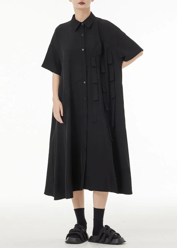 Unique Black Peter Pan Collar Patchwork Button Cotton Long Dress Summer TS1038 Maxi Skirt Chic