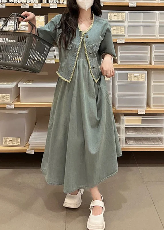 Vintage Denim Blue O-Neck Patchwork Coats And Long Dress Two Piece Set Short Sleeve TY1078 Summer Beach Maxi