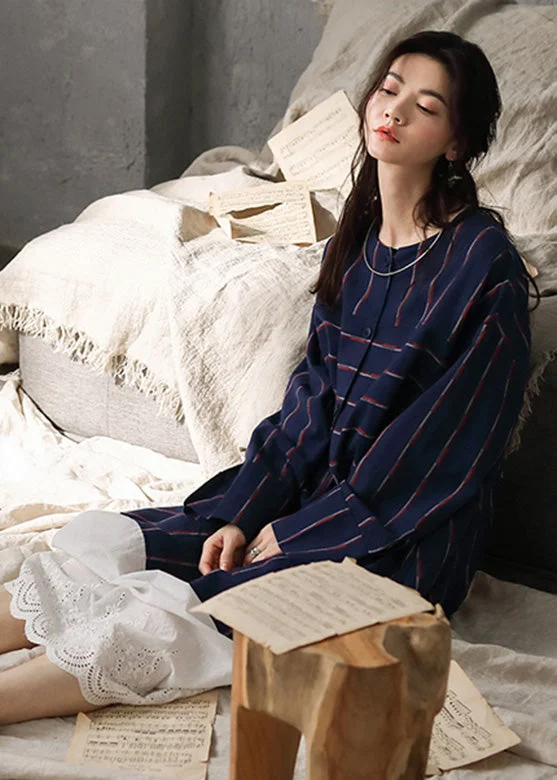 Vintage Navy Blue O-Neck Striped Patchwork Cozy Cotton Long Dress Long Sleeve TO1033 Casual Maxi Outfit