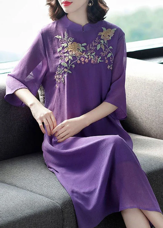 Vintage Purple Mandarin Collar Embroideried Silk Long Dress Summer FR2017 Maxi Skirt Set