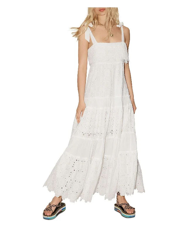 Womens Eyelet Tie Shoulder Maxi Dress High-Low Maxi Skirt