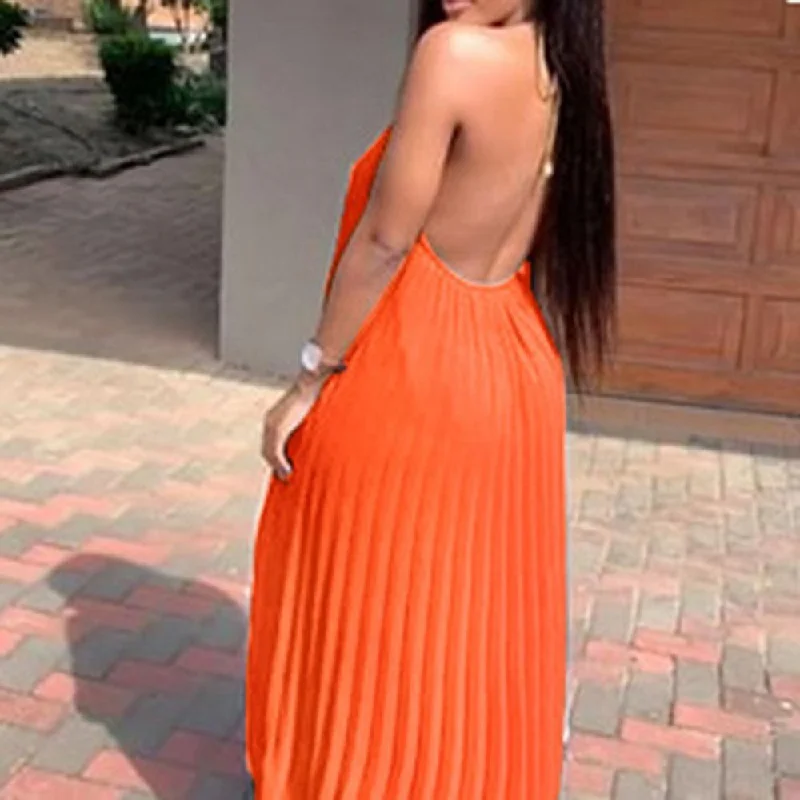 Women's  Halter Sleeveless Long Pleated Maxi Summer Dress Sexy African Femme Vestiods Chiffon Holiday Dress Maxi Skirt Party