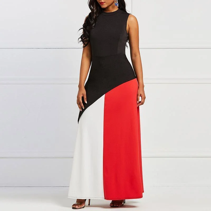 Women's Summer Maxi Dress Color Block Fashion Patchwork Ruffle Elegant Evening Sleeveless Sexy Robe Party Big Swing Long Dress Maxi Skirt Trendy