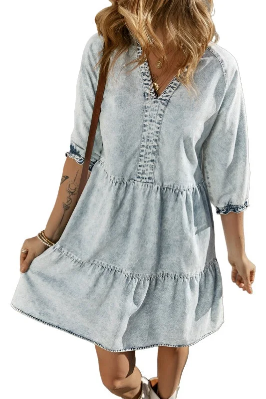 Blue Acid Wash Patchwork Denim Fit & Flare Midi Dress for Women - Retro Style Soft Wool Midi