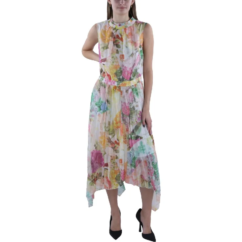 Plus Womens Floral Pleated Midi Dress Embroidered Midi Skirt