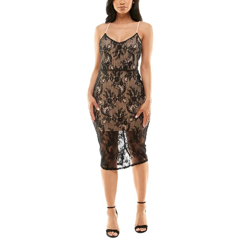 Womens Lace Overlay Mid Calf Midi Dress Flared Midi Skirt