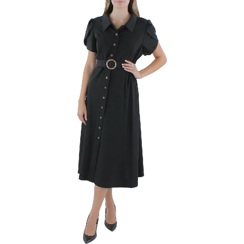 Womens Midi Puff Sleeve Shirtdress Casual A-line Skirt