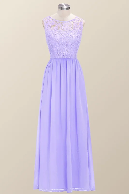 Scoop Lavender Lace and Chiffon Long Bridesmaid Dress Lace Dress Formal